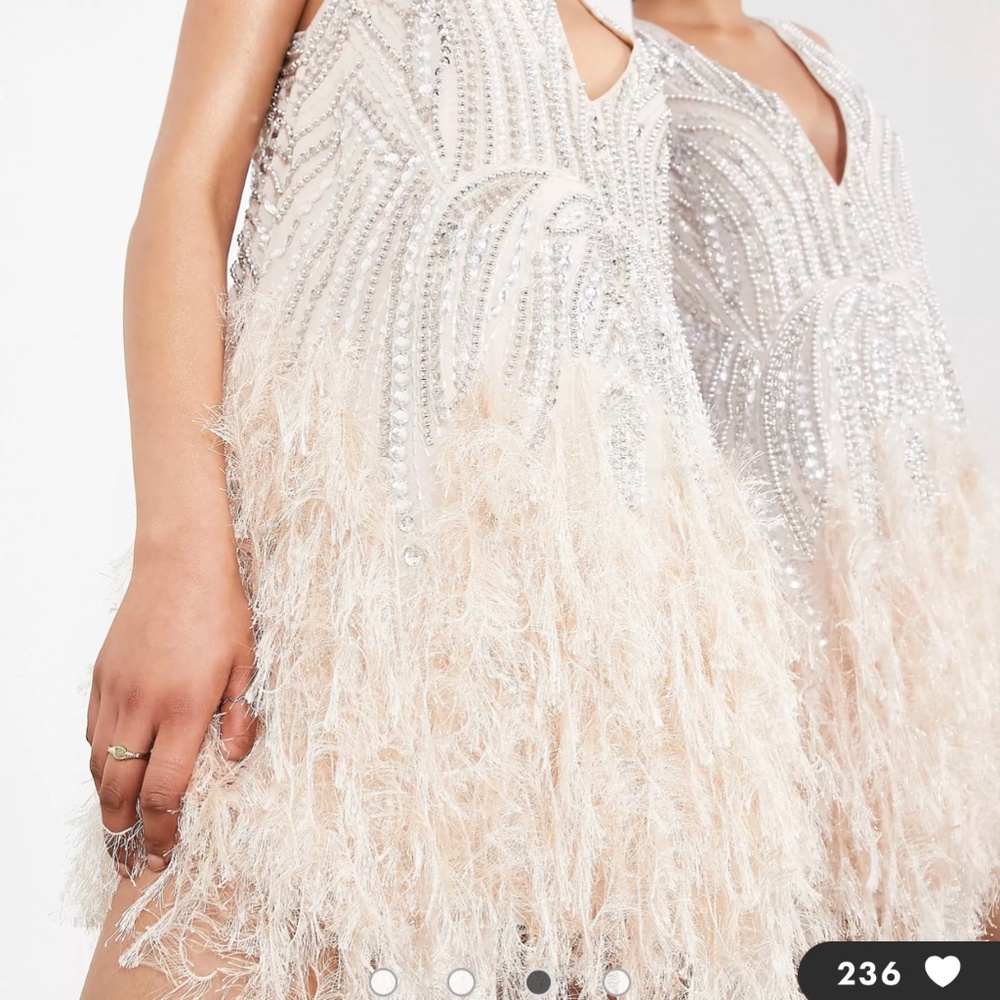 ASOS Edition Crystal Beaded Feather Hem Mini Dress Silver/White